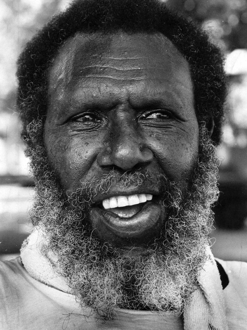 A close-up black and white photo of Eddie Mabo.