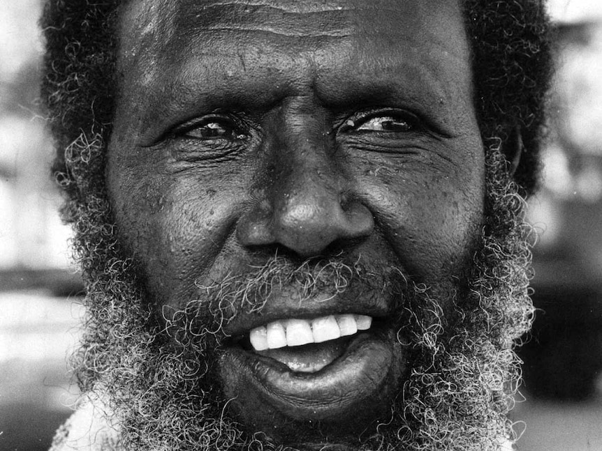 A close-up black and white photo of Eddie Mabo.