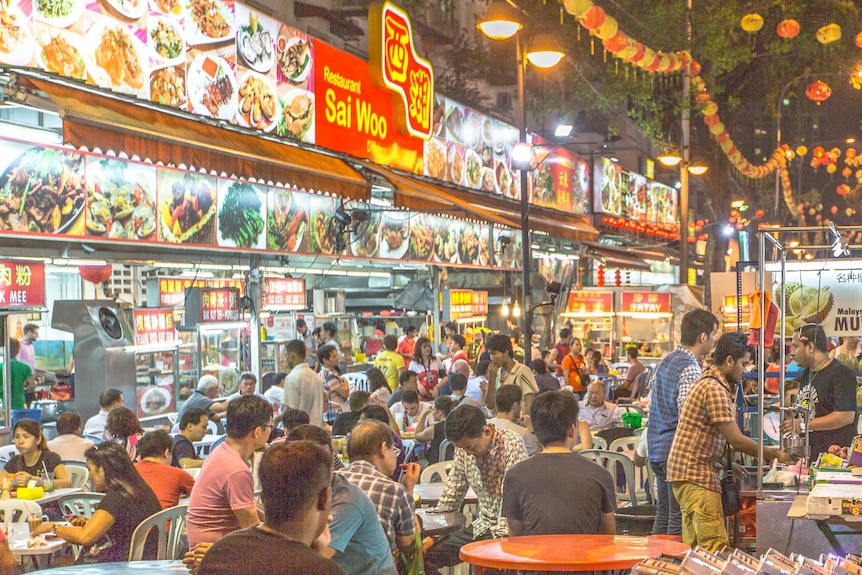 A busy hawkers market in central Kuala Lumpur, Malaysia.