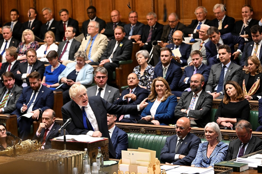 Boris Johnson sta davanti a un microfono e parla mentre una folla osserva da dietro.