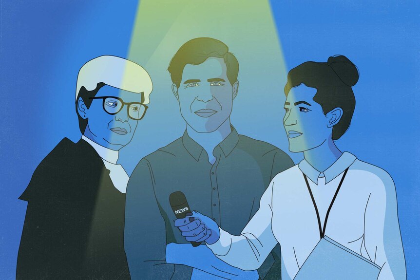 An illustration of a judge, a man and a reporter