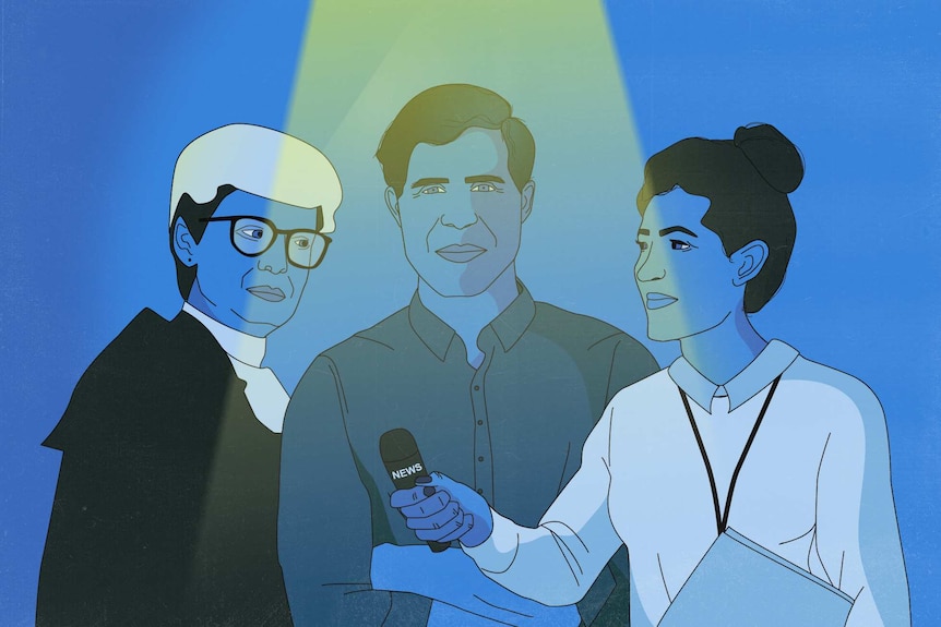 An illustration of a judge, a man and a reporter