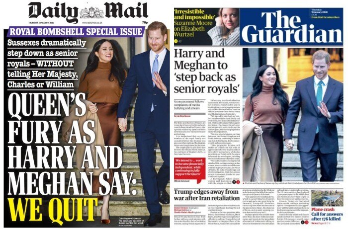 the front pages of the Daily Mail and Guardian showing Harry and Meghan