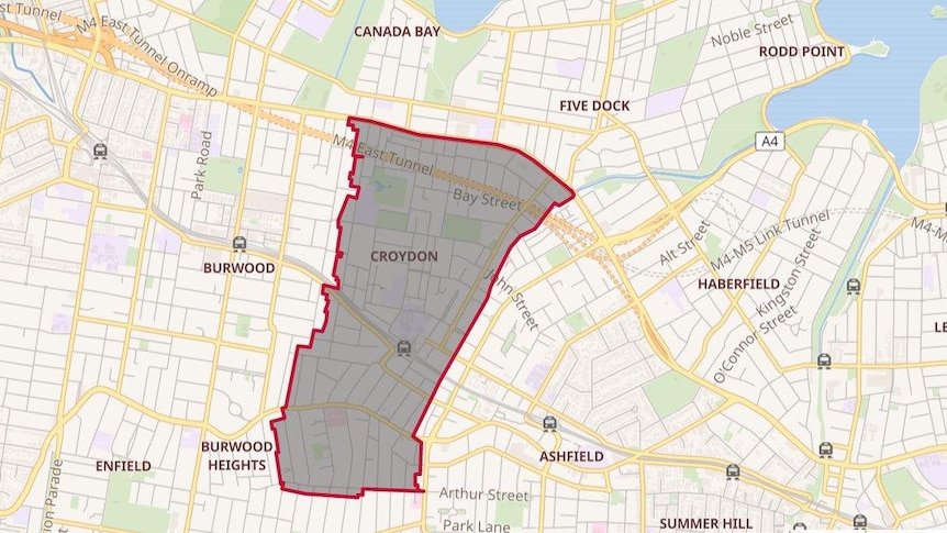 Map of Sydney's inner west with the suburb of Croydon highlighted