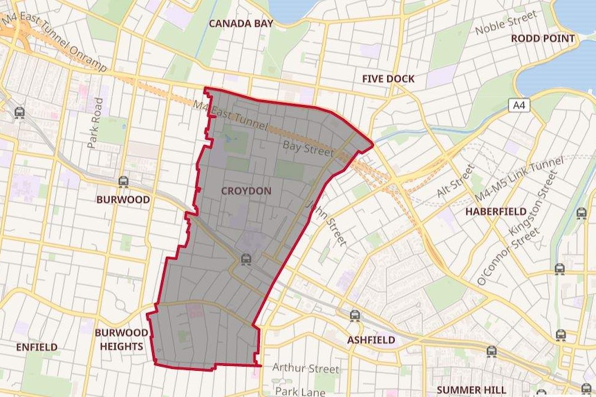 Map of Sydney's inner west with the suburb of Croydon highlighted
