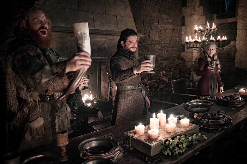 Jon Snow, Tormund Giantsbane and Daenerys Targaryen celebrate in a still image from HBO's Game of Thrones