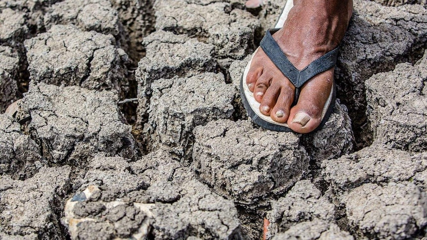 A foot wearing a thong on a dry river bed