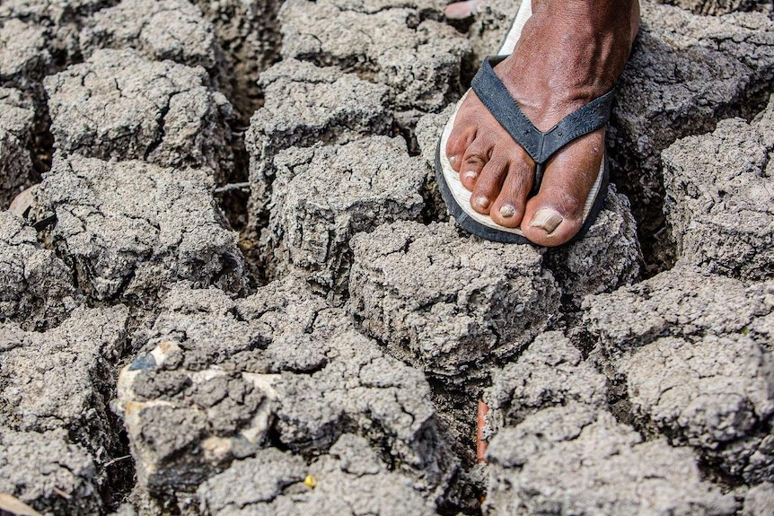 A foot wearing a thong on a dry river bed