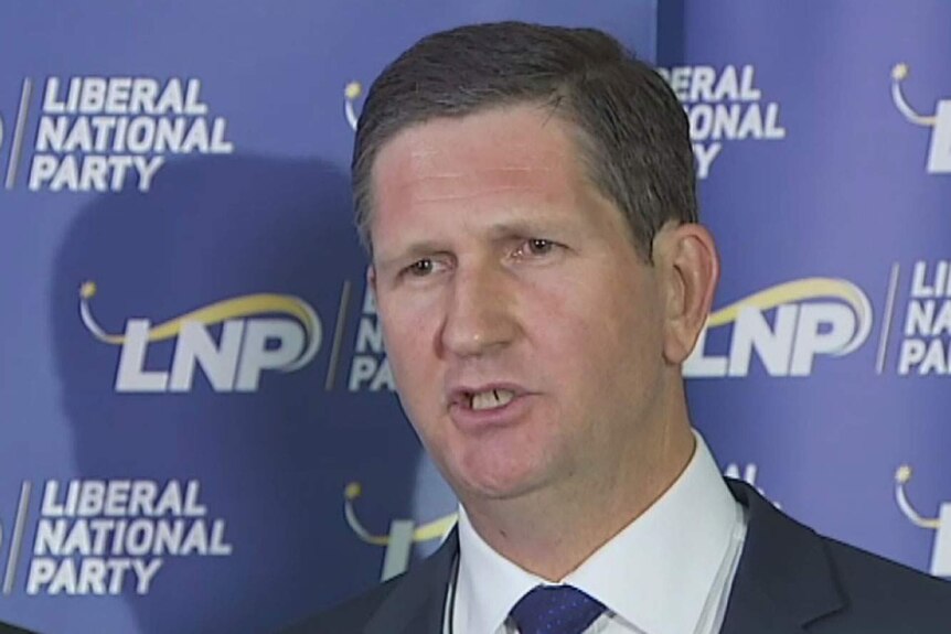 Queensland LNP leader Lawrence Springborg speaks to the media on May 29, 2015, standing in front of our LNP sign.