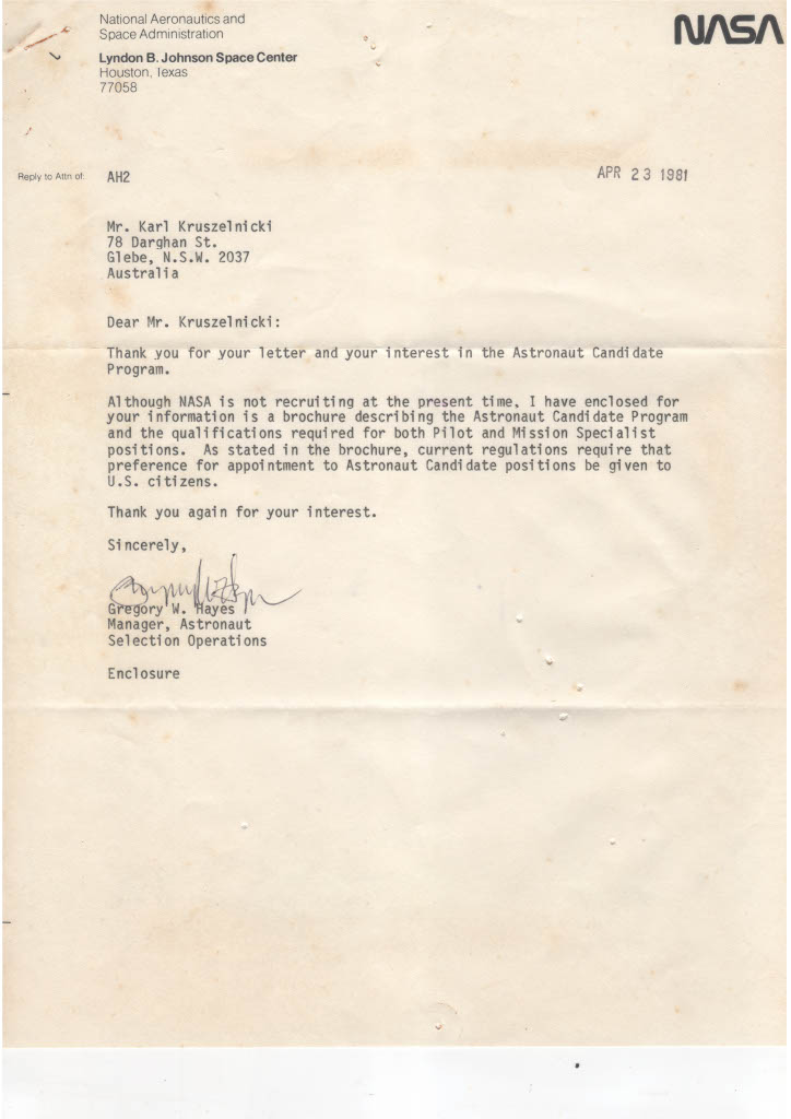 Typed letter with NASA letterhead on faded paper.