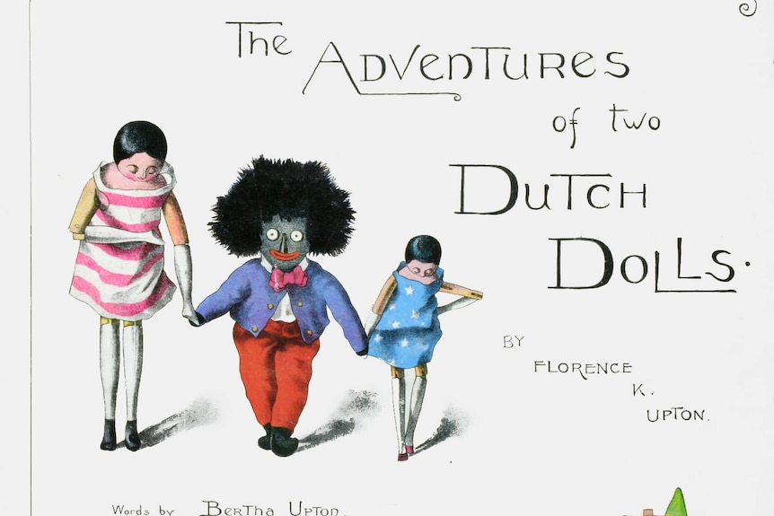 Illustrated cover of landscape book showing two dark-haired girls, each holding the hand of a gollywog character