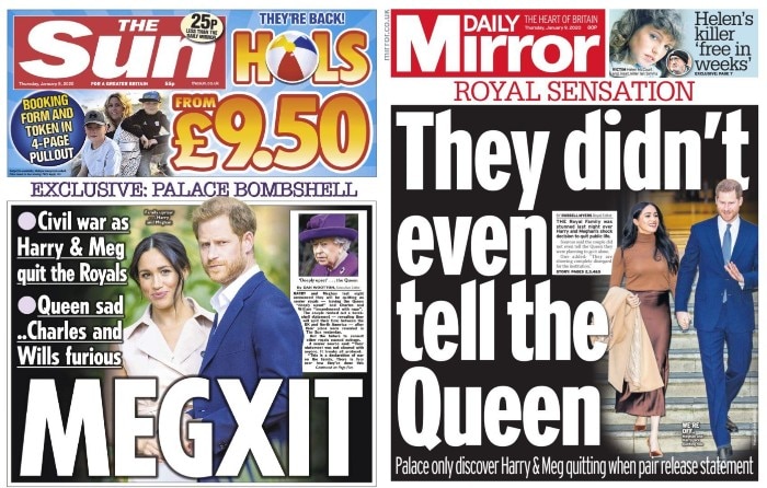 the front pages of The Sun and the Daily Mirror showing Harry and Meghan