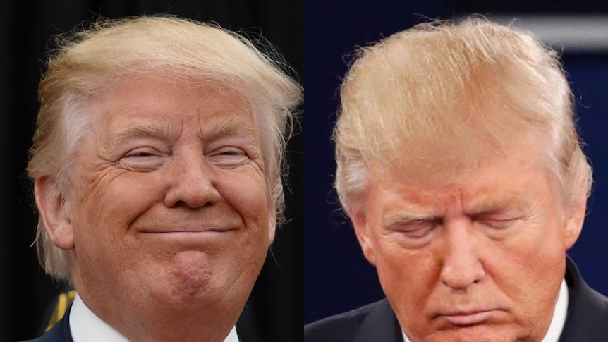A composite image of US president Donald Trump looking happy and sad