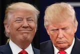 A composite image of US president Donald Trump looking happy and sad