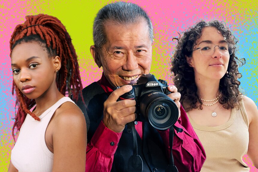 A compilation image of three queer people of varying ages, genders and cultural backgrounds.