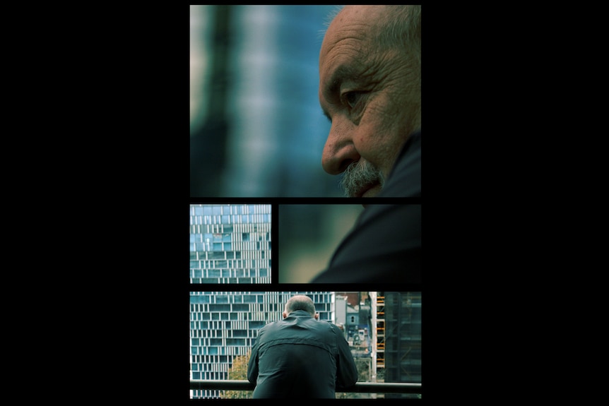 Two images broken into separate spaced-apart rectangles showing Danny's face staring and Danny from behind leaning on a balcony.