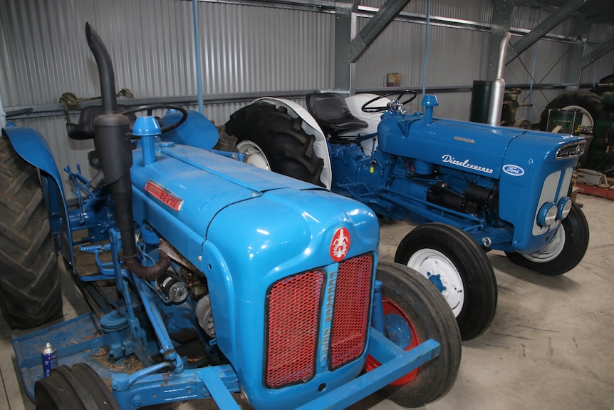 2 blue restored Ford Tractors 