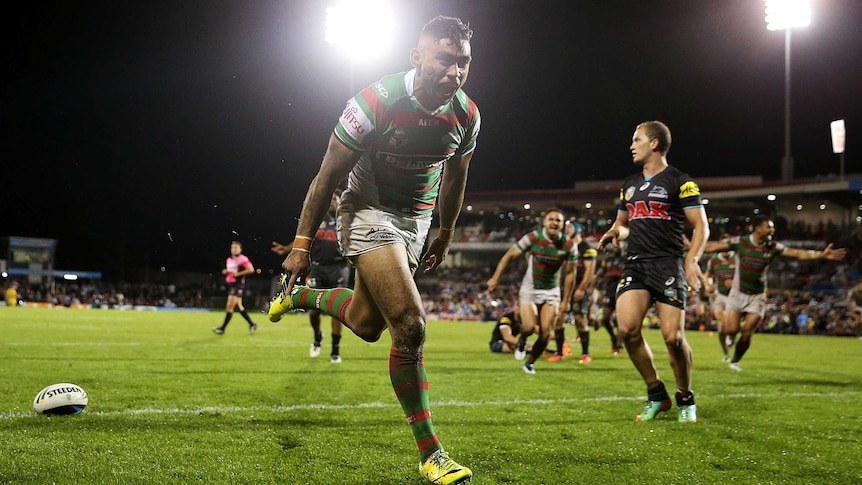 South Sydney's Nathan Merritt scores against Penrith to break the club record.