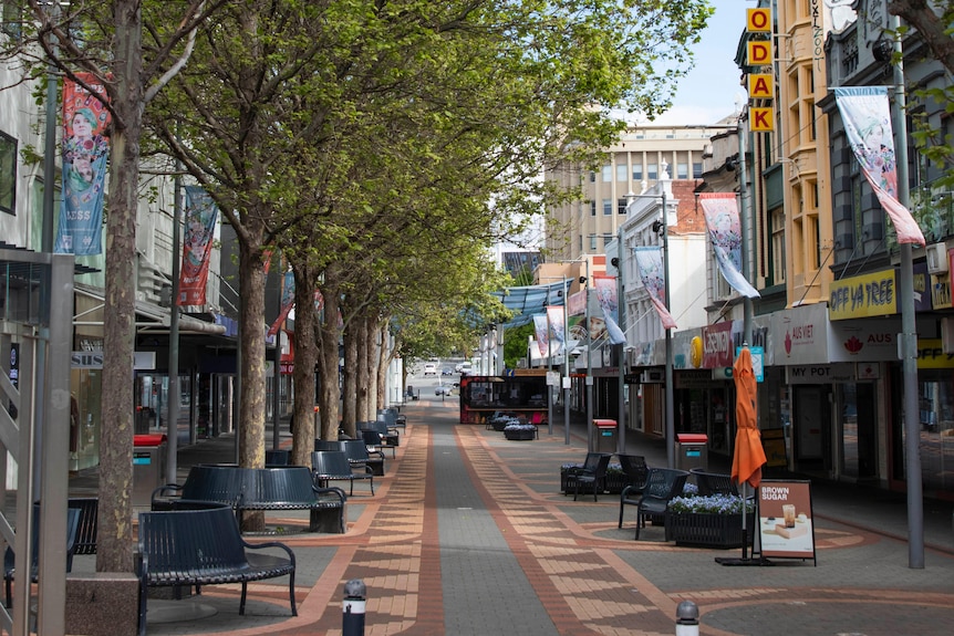 An empty shopping mall strip.