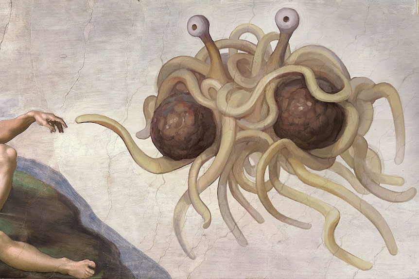 An artist's impression of the Flying Spaghetti Monster showing spaghetti tentacles protruding from a meatball