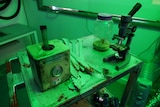A microscope on a table.