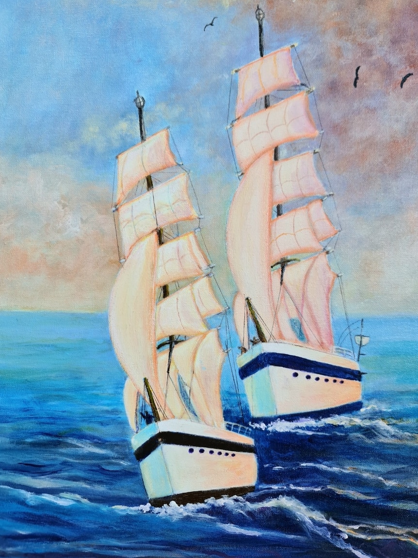 A painting of two large sailing ships in the ocean.