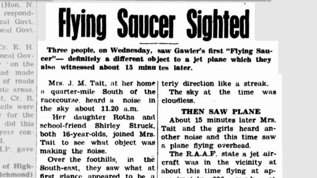 A report from Gawler newspaper The Bunyip about a flying saucer sighting.