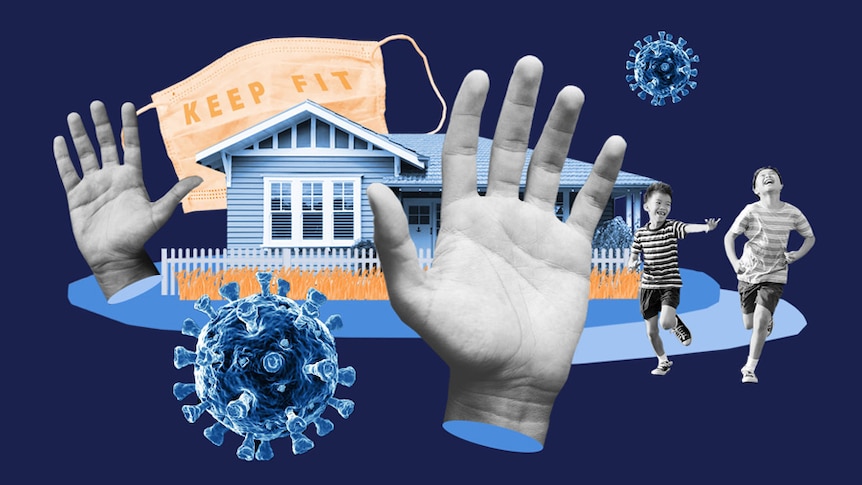A collage includes a Queenslander house, children running, hands, a face mask with the words KEEP FIT, and COVID icons