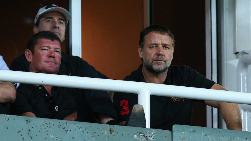 James Packer and Russell Crowe watch the Rabbitohs