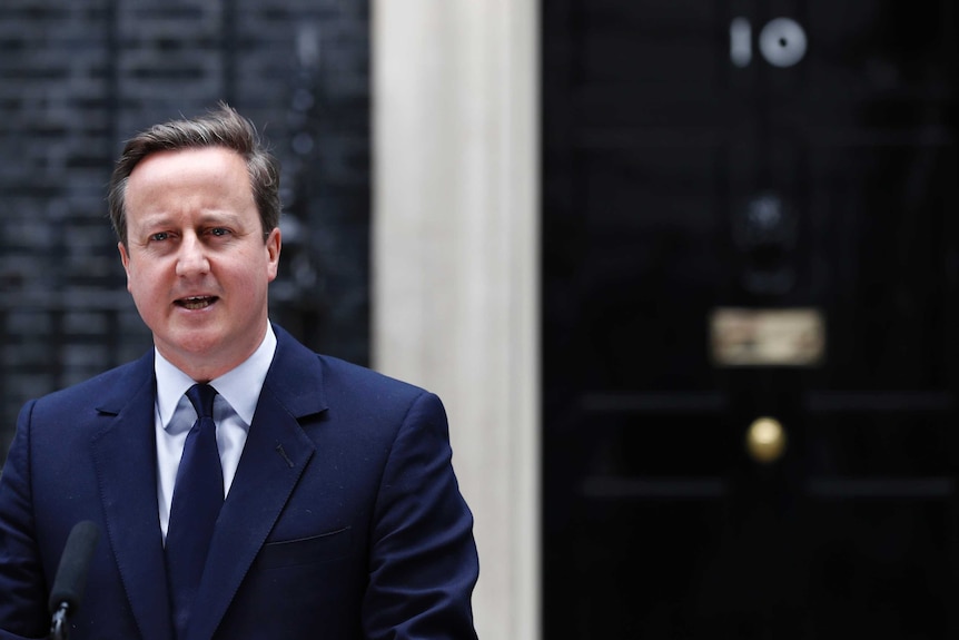 David Cameron speaks into a microphone. The door of 10 Downing Street is in the background.