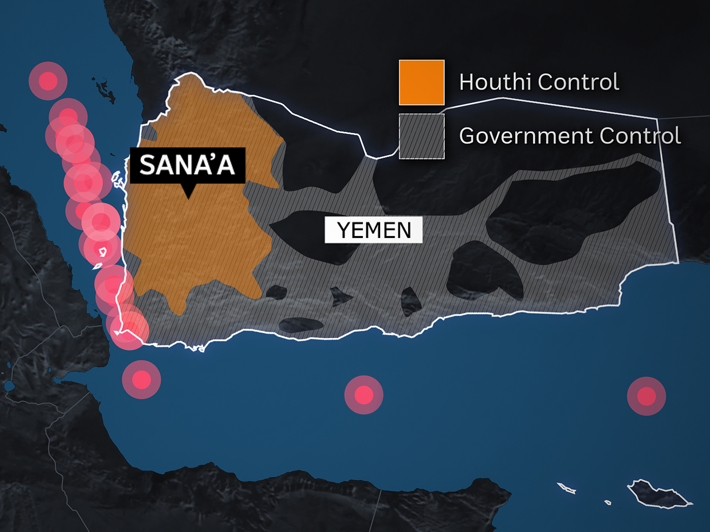 A graphic showing Yemen, territory in the west controlled by Houthi rebels, and the site of multiple attacks upon shipping.