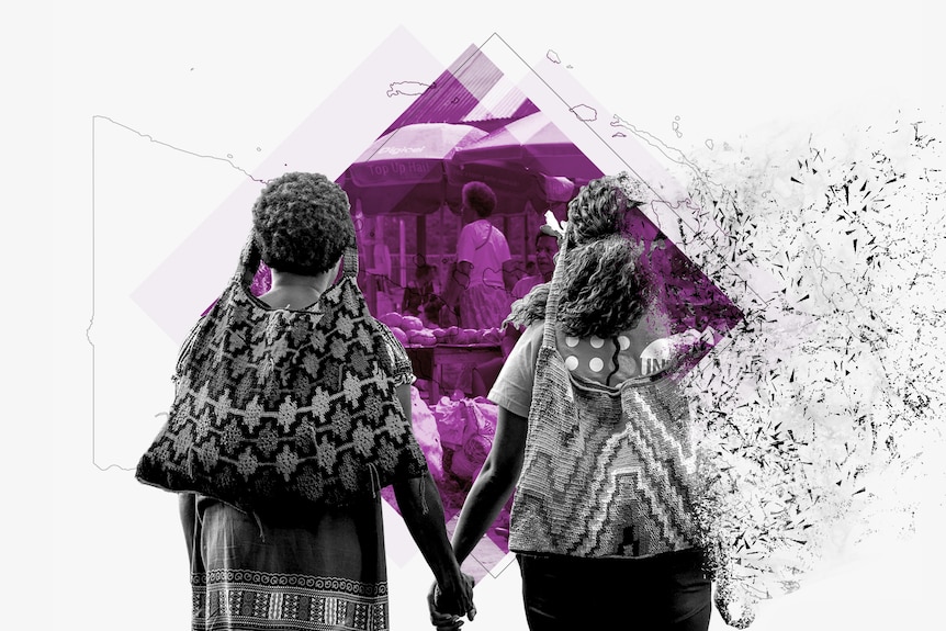 A stylised black and white image of two women holding hands. One is disintegrating. A purple diamond is in the background