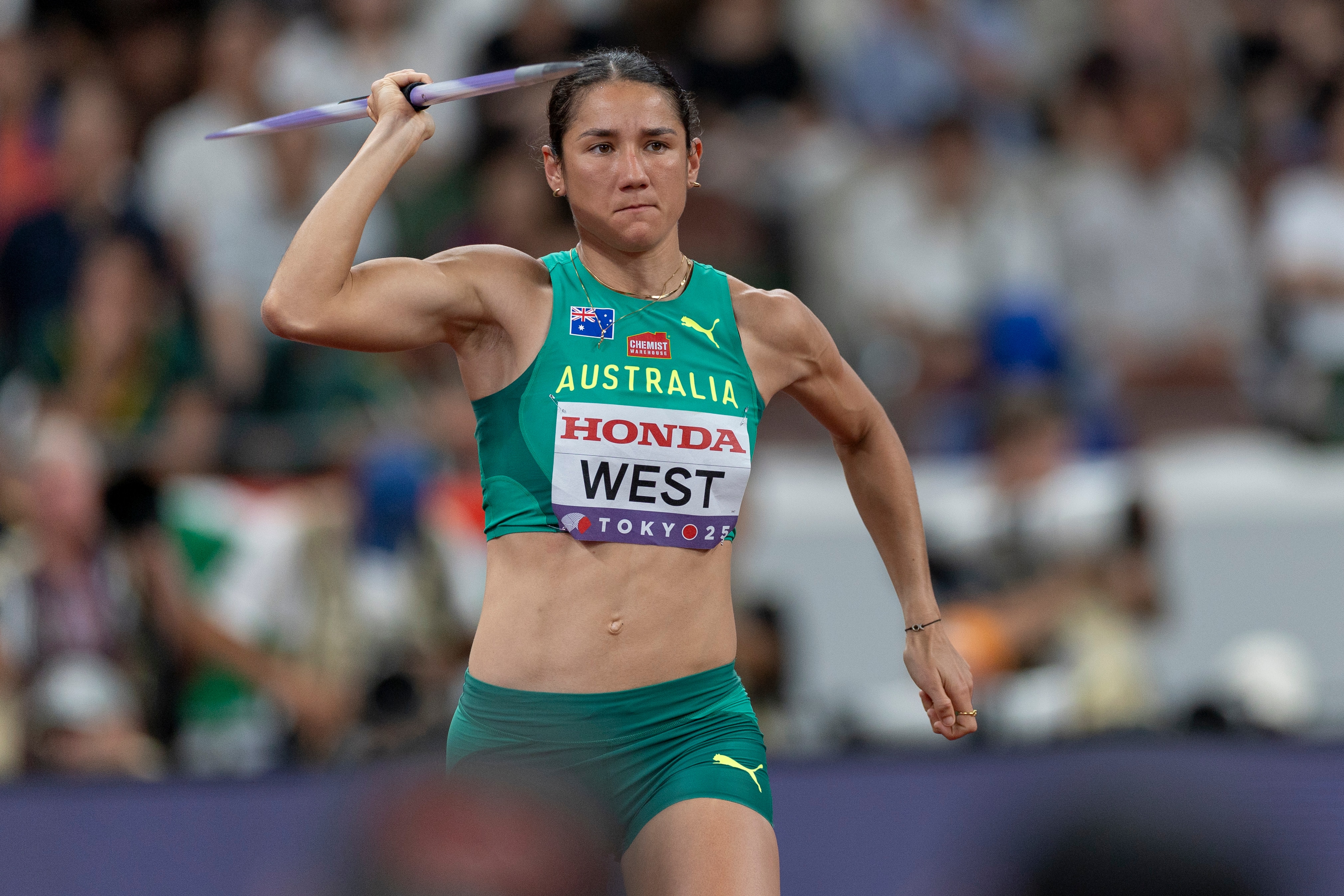 Tori West with her javelin in the heptathlon at the 2025 World Athletics Championships.