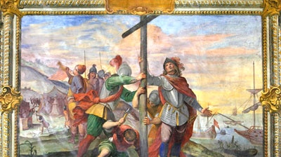 A fresco depicting Christopher Columbus planting the cross in the New World.