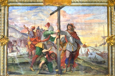 A fresco depicting Christopher Columbus planting the cross in the New World.