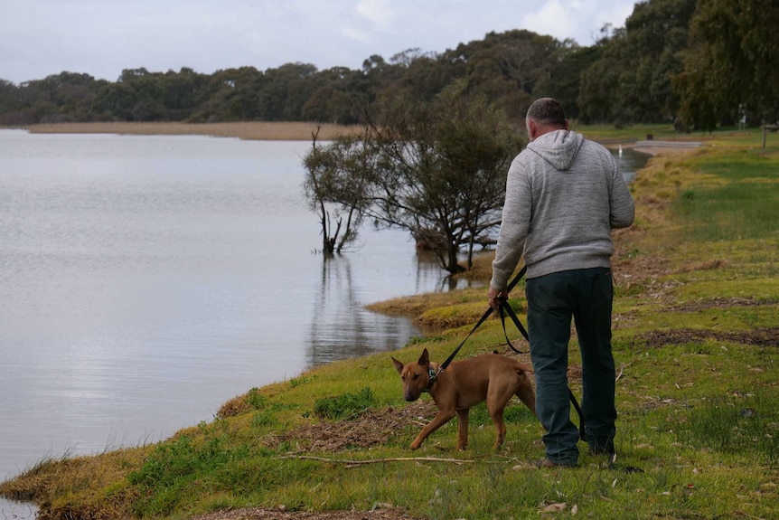 A man walks his dog beside a lake