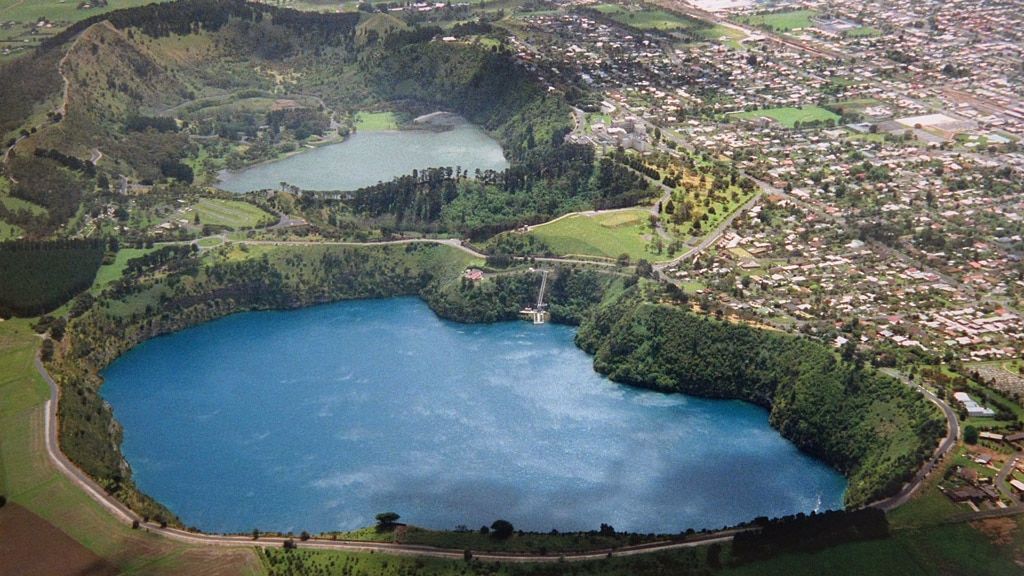 An aerial view of Mt Gambier's Blue Lake.