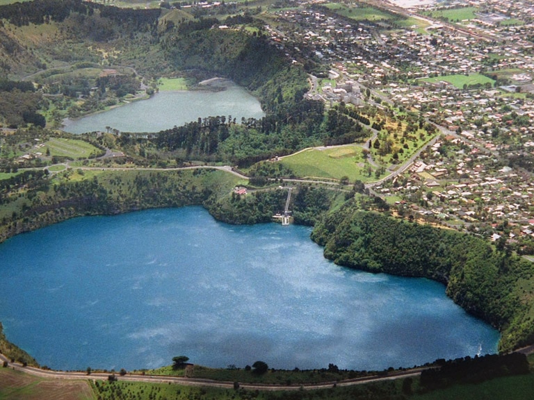 An aerial view of the Blue Lake, Mt Gambier