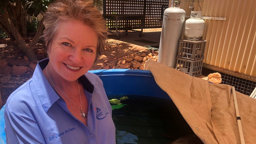 A lady smiles at the camera with a sea turtle in a tank enclosure.