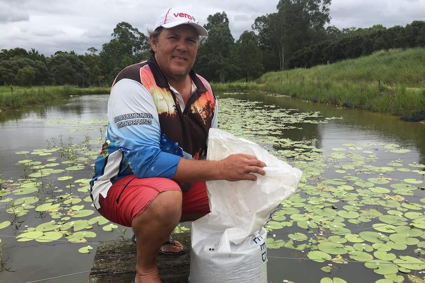 Fish breeder Andrew Shaw sits on a jetty with a hessian bag at one of his ponds.