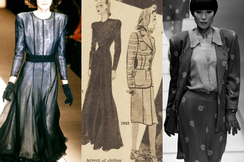 A composite image of three pictures showing 80s fashion on the left and right compared to 1940s fashion in the middle