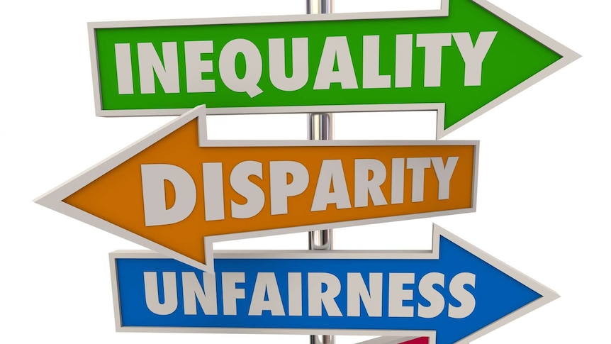 Signpost with the words "Inequality", "Disparity", "Unfairness" and "Injustice" on arrows pointing in different directions.