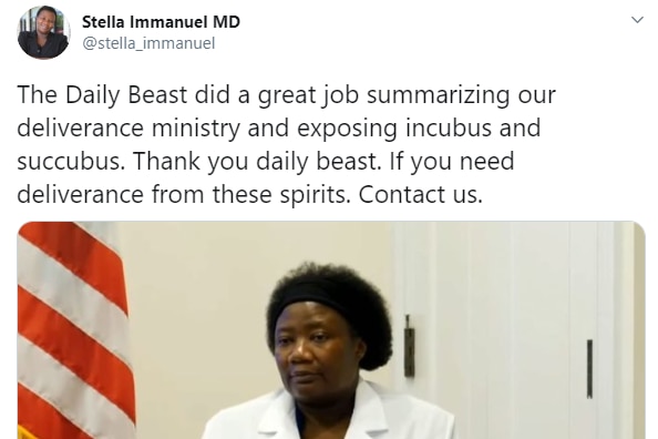 A screengrab of a tweet from Stella Immanuel promoting "deliverance from these spirits".