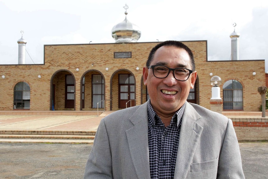Religion leader, Alep Mydie stands proud in front of a mosque located in Katanning, Western Australia