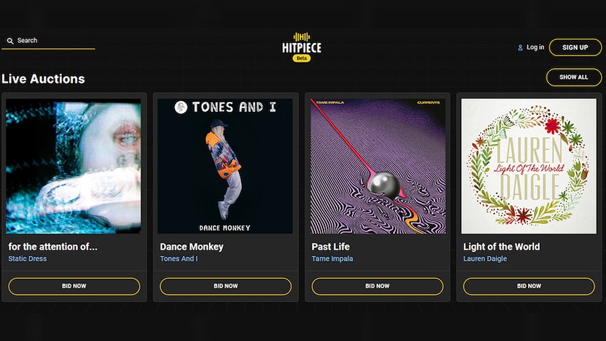 A screencap of the HitPiece website auctioning song NFTs for Tones And I, Tame Impala and more