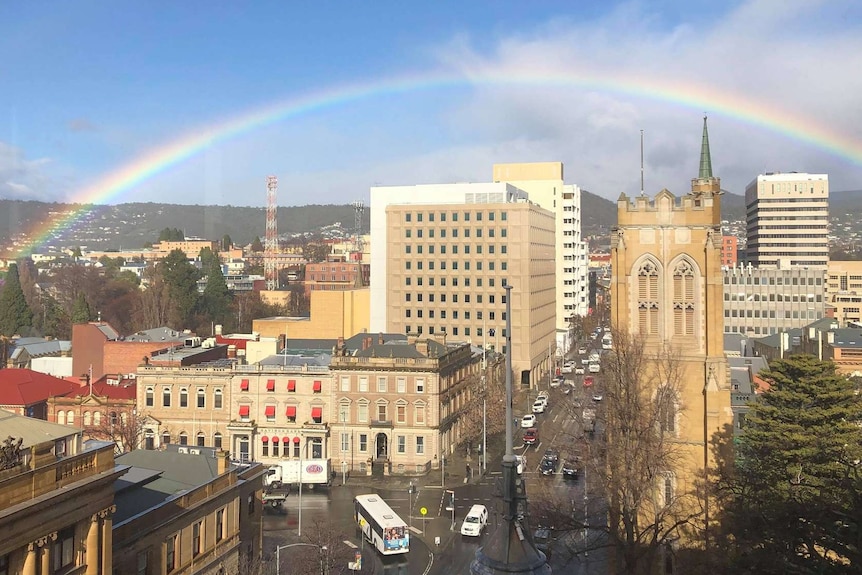 Rainbow over Hobart city.