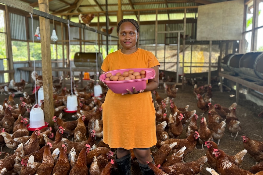 A woman holding a bucket of eggs with chickens around