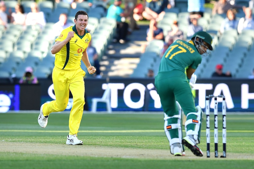 An Australia ODI bowler pumps his fist in celebration as he runs down the wicket while a South African batsman looks behind him.