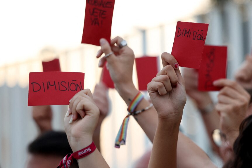 Close up of several hands holding up red cards that say "resignation" in Spanish