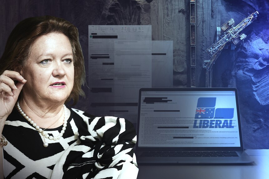 A graphic composite of Hancock Prospecting chairman Gina Rinehart and company and political party logos.